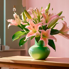 green vase with pink lilies under window light, created by Generative AI