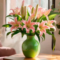 green vase with pink lilies under window light, created by Generative AI