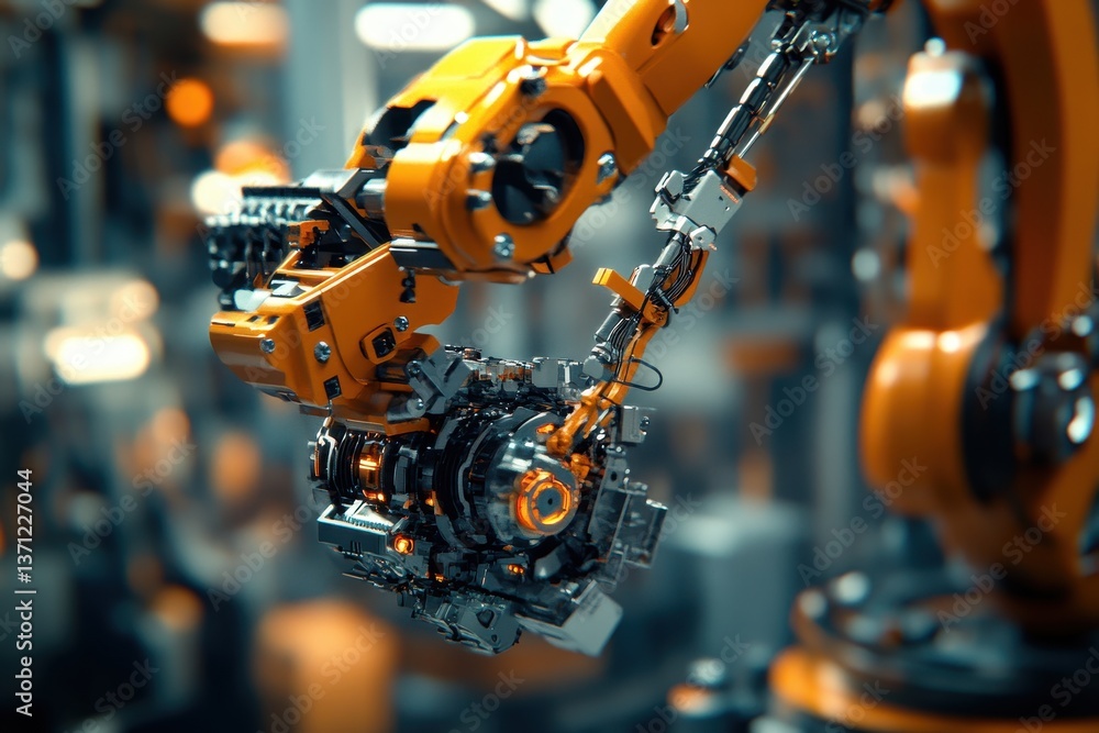 Poster an orange robotic arm with metallic accents works in a factory setting. showcase automation, technol