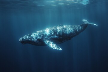 Fototapeta premium Majestic humpback whale gracefully glides through the deep ocean, its dark form illuminated by sunbeams.