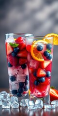 Refreshing summer berry drinks served in tall glasses with ice and fruit garnishes