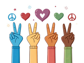 Obraz premium Peace and love illustration with diverse hands showing peace signs for unity and harmony concept art transparent background