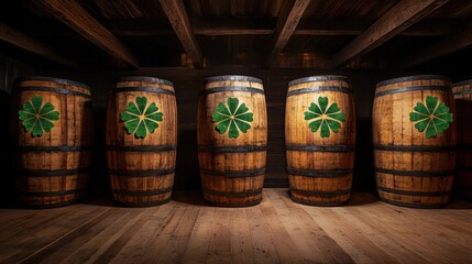 Naklejka premium Holographic clovers project irish blessings at gigapixel whiskey barrels rustic pub digital art warm atmosphere creative display