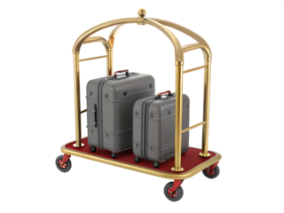 Hotel luggage cart with suitcases for travel and tourism service gold metal baggage trolley for easy transport transparent background