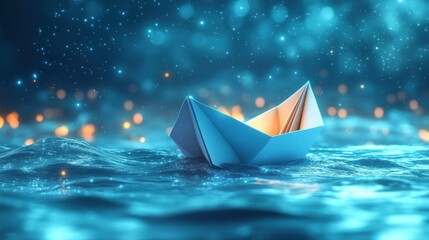 Obraz premium Paper boat adrift on dark blue water at night with starry bokeh background