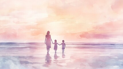 Fototapeta premium Serene Sunset Stroll A Mother and Her Children on the Beach