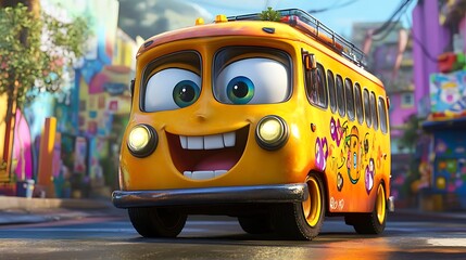 Cartoon yellow bus with a big smile and friendly eyes in nature image