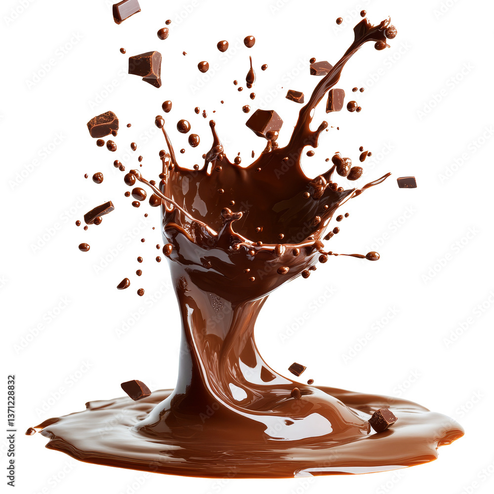 Poster liquid brown chocolate splashes creating an artistic display isolated on a transparent background, l