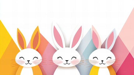 Three adorable bunnies display a soft color palette with triangular background shapes creating an Easter themed composition.