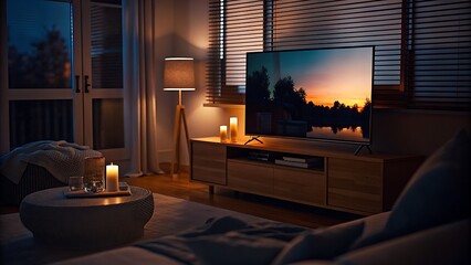 Serene evening ambiance Relaxing sunset scene on a large TV screen in a cozy living room with warm