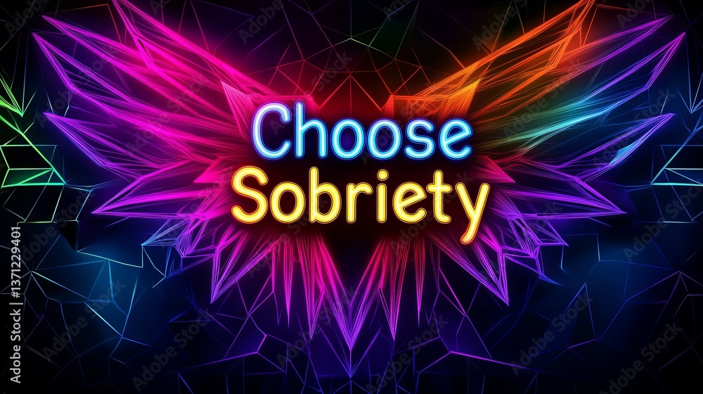 Poster the words 'choose sobriety' are displayed with neon lighting amidst a dynamic abstract background fe