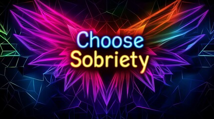 The words 'Choose Sobriety' are displayed with neon lighting amidst a dynamic abstract background featuring vibrant, polygonal lines.