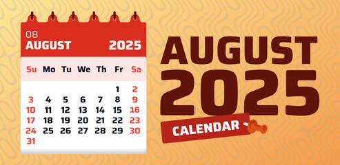 Illustration vector of  2025 Calendar august on orange background. Good for printing, planning, layout,  poster, diary. 