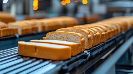 Freshly Sliced Bread on a Conveyor Belt in a Modern Bakery