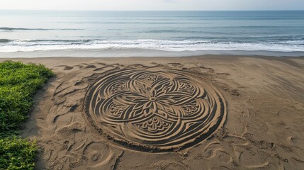 Obraz premium Artistic cosmic sand designs temporary mandalas by the ocean shore beach art serene environment aerial view creativity
