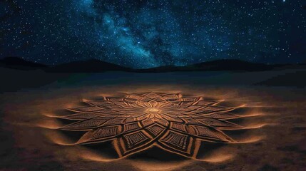 Cosmic sand art temporary mandalas created under the starry sky in desert landscapes