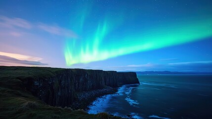 Fototapeta premium Clover-shaped aurora borealis over irish cliffs nature scene night sky coastal landscape breathtaking view