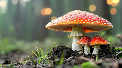 Red Mushroom Family In Forest Landscape