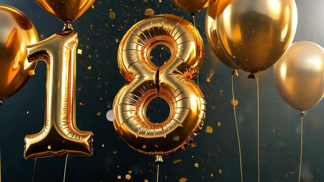 Golden number 18 balloons float amidst falling confetti, celebrating an eighteenth birthday.
Concept of: Coming of age.