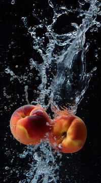 Two juicy peaches splashing into water a vibrant burst of freshness against a dark background with dynamic water droplets and crystal clear