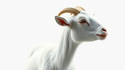 White goat with curved horns looks peacefully ahead against a plain background in a serene setting