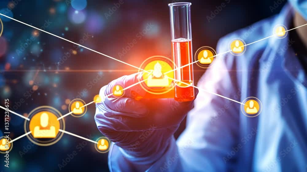 Poster scientist conducts experiment with laboratory test tube in hands generative ai