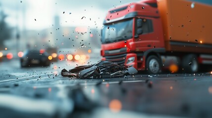 Truck driving on dark road. Truck is crashing into tir car. A road with a generative ai causing an accident. A vehicle traveling down a dimly lifestyle lit road.