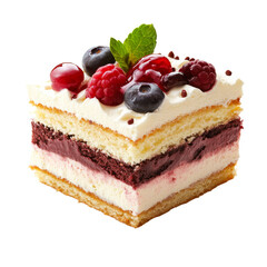 Delicious cub cake topped with fresh berries and mint, presented against a bright transparent background for an enticing dessert view, Cub cake, isolated on transparent background