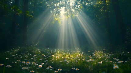 Obraz premium Peaceful forest green with daisies and morning sunlight rays high resolution hd image