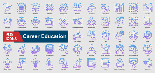A collection of line gradient Career Education icons. Includes job search, career planning, mentorship, internship, leadership, and more. Perfect for illustrations and designs.