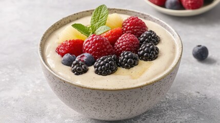A delightful bowl of yogurt topped with fresh berries and mint, showcasing a healthy and colorful snack option.