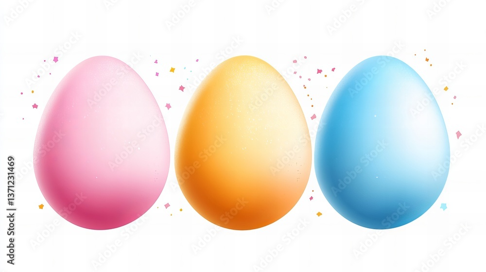 Poster three colorful eggs are displayed in a row against a bright white background with sprinkles surround
