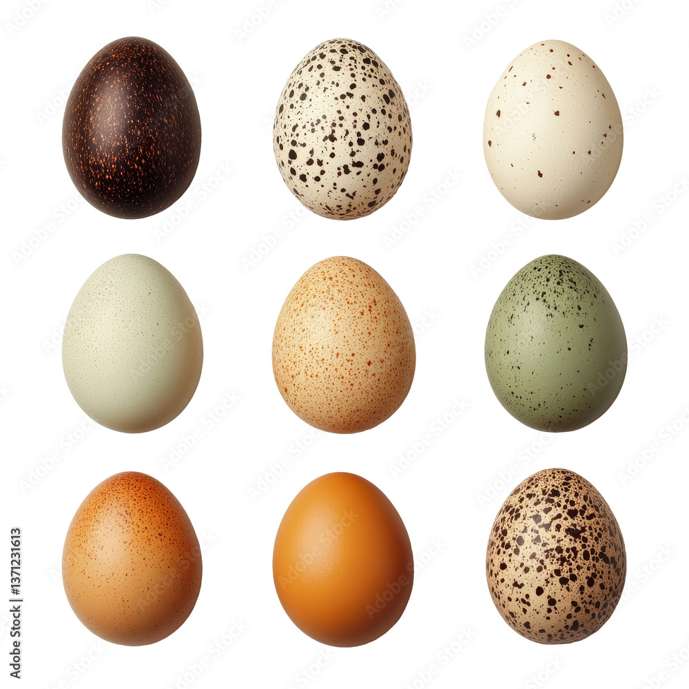 Poster a collection of various eggs isolated on a neutral background showcasing unique colors and patterns,