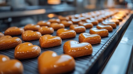 Heart-Shaped Caramel Cookies on Conveyor Belt in Confectionery Factory