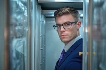 Caucasian male adult in business attire standing in narrow metallic corridor