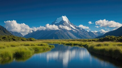 Majestic Mountain and Tranquil River Under a Clear Blue Sky
