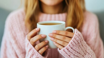 Cozy Morning: Woman in Pink Sweater Holding a Warm Cup of Coffee with Relaxed Vibes