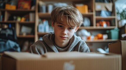 Boy looking at boxes in messy room during move