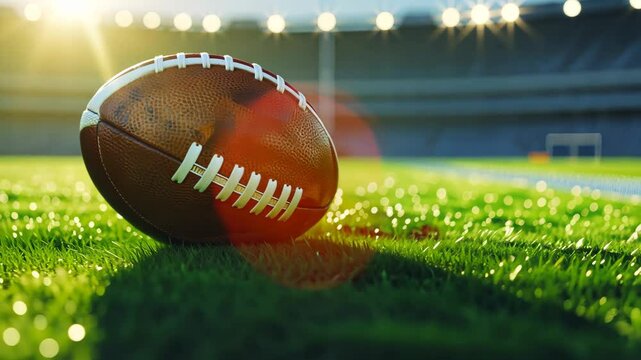 An American football sits on a vibrant green field, bathed in stadium lights.
Concept of: Gridiron glory.