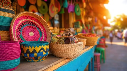 Vibrant Mexican Market Scene Showcasing Colorful Woven Baskets and Hats
