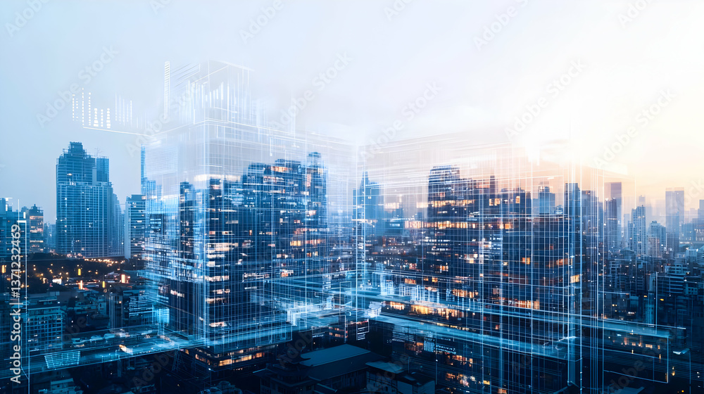 Poster cityscape skyline at dawn with data visualization overlay