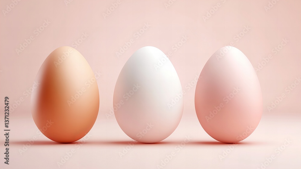 Poster three eggs are standing on a soft pink surface with a matching background, displaying different shad