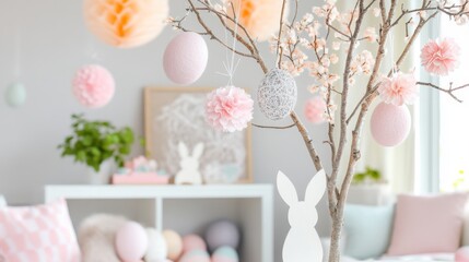 Easter rabbit and light shades decorations create a charming atmosphere with pastel Easter eggs hanging from a minimalist tree in a nursery