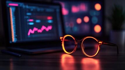 Stylish Glasses on Desk with Blurred Stock Market Charts in Background