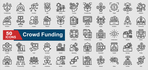 Crowd Funding Icon Collection Set. Donation, Funding, Investor, Revenue, Capital, Savings, cash icon. Line Style Ilustration