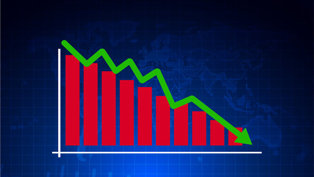 Blue background with red financial graph the arrow standing for stock index decrease or business development in the financial world graph indicate downward trend.Concept of digital trading.