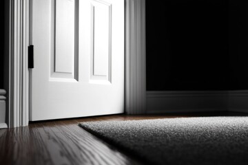 Partially open white door in dark room with gray carpet and wooden floor