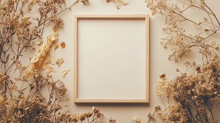 Wooden frame mockup surrounded by dry flowers on a beige background. Use it for displaying artwork, prints, or photography in a rustic style.