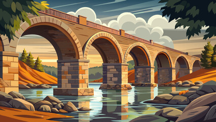 majestic stone bridge on a calm river at sun set time, Highly detailed vector