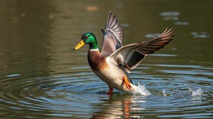 Obraz premium Mallard duck flapping its wings while splashing in a serene pond during sunny afternoon